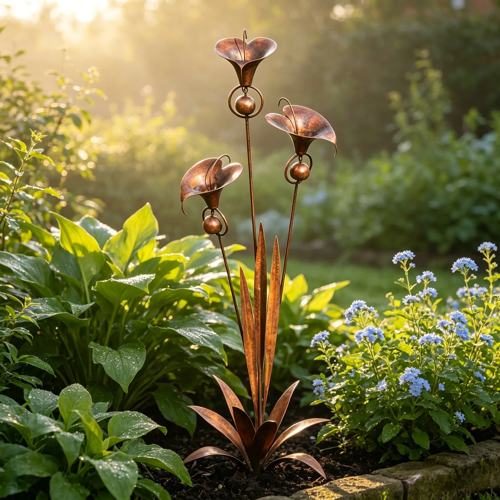 Flamed Copper Three Calla Lilies Garden Stake with Bells, 28" Handcrafted Outdoor Yard Art