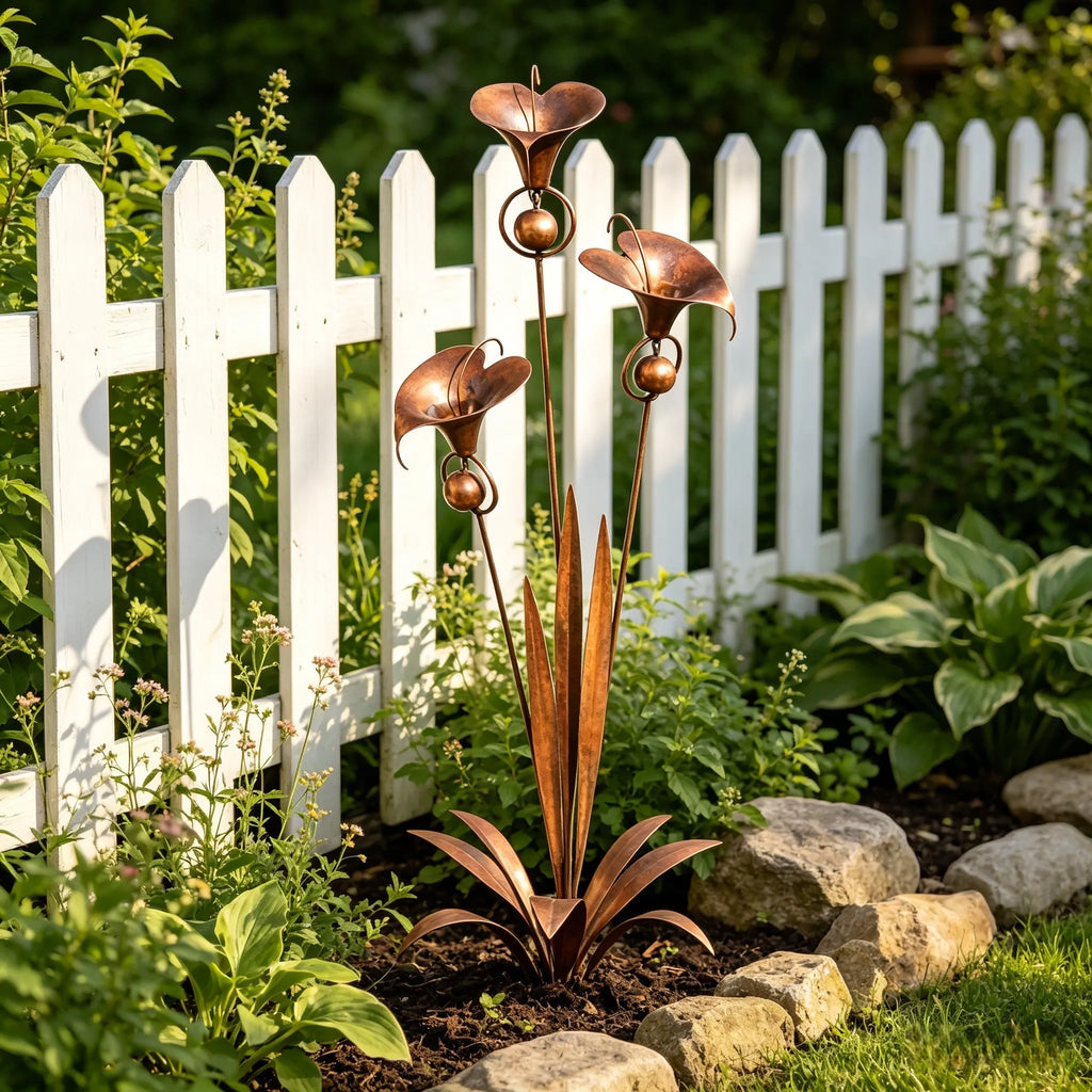 Flamed Copper Three Calla Lilies Garden Stake with Bells, 28" Handcrafted Outdoor Yard Art