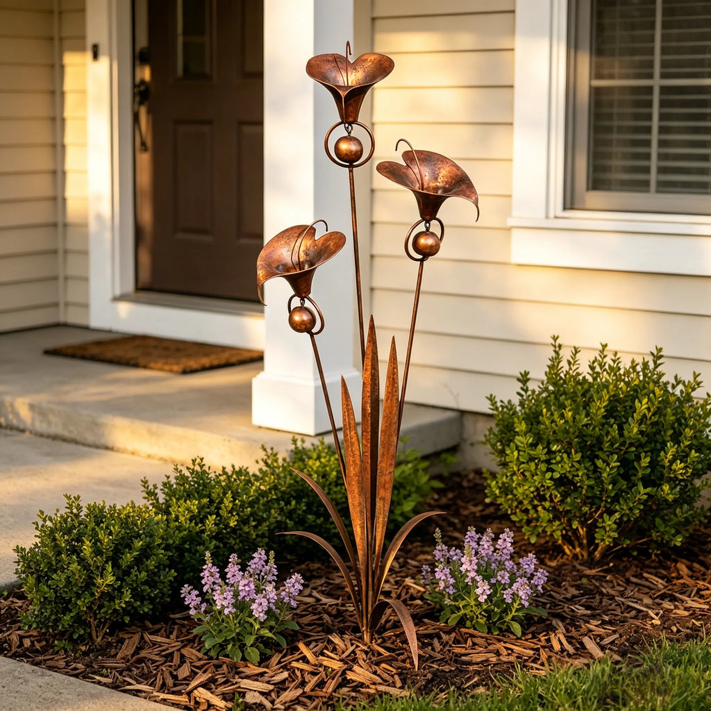 Flamed Copper Three Calla Lilies Garden Stake with Bells, 28" Handcrafted Outdoor Yard Art