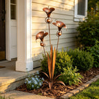 Flamed Copper Three Calla Lilies Garden Stake with Bells, 28" Handcrafted Outdoor Yard Art