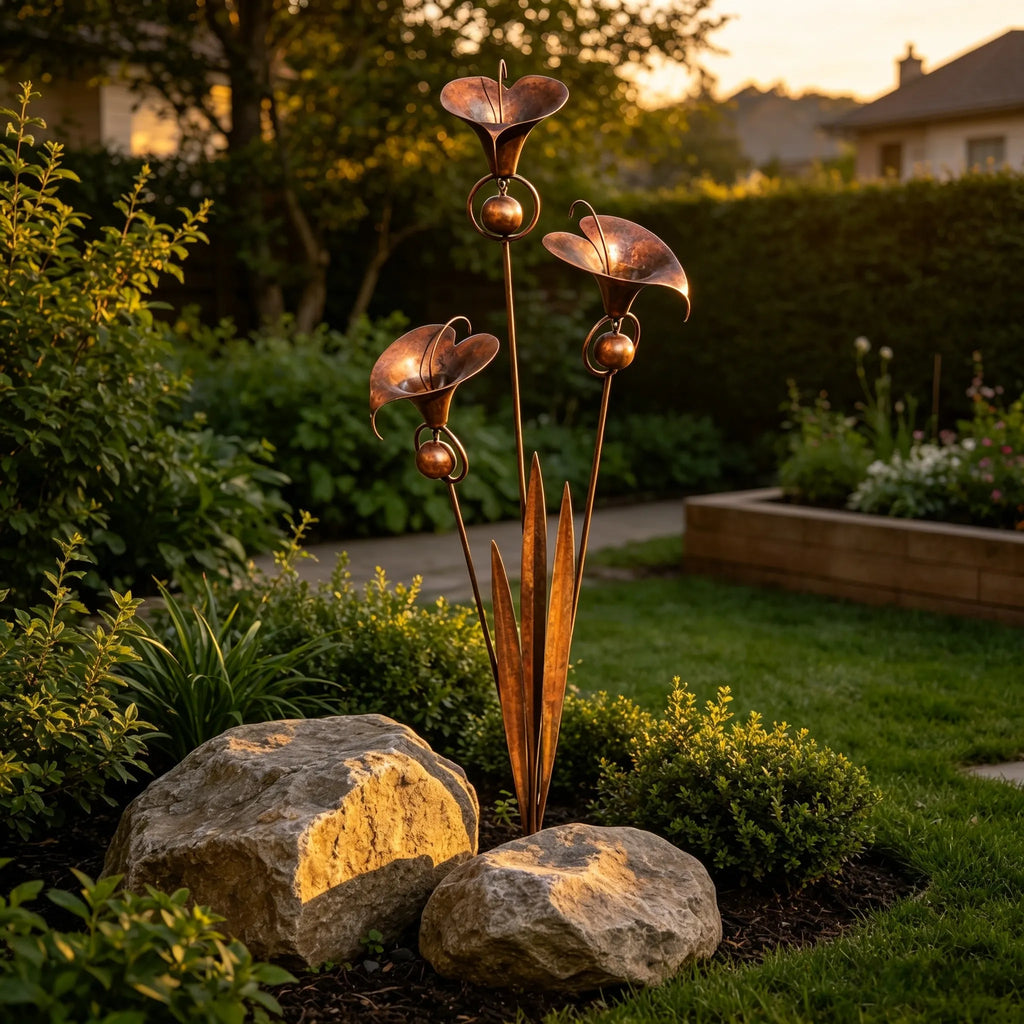 Flamed Copper Three Calla Lilies Garden Stake with Bells, 28" Handcrafted Outdoor Yard Art
